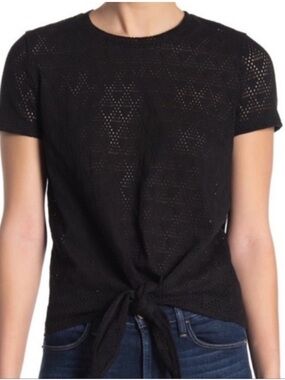 Madewell Texture & Thread Geo Eyelet Tie-Front Tee Black Short Sleeve Top Size S